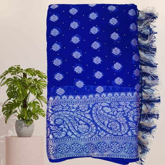 MangalGiriPattuSareewithSilverZariWeavingSwarovskiStoneWorkLaceBorderLightweightChiffonDual-ToneTissueSilkBlousePartyWearPureGeorgetteViscoseSilverJacquardRichPallu